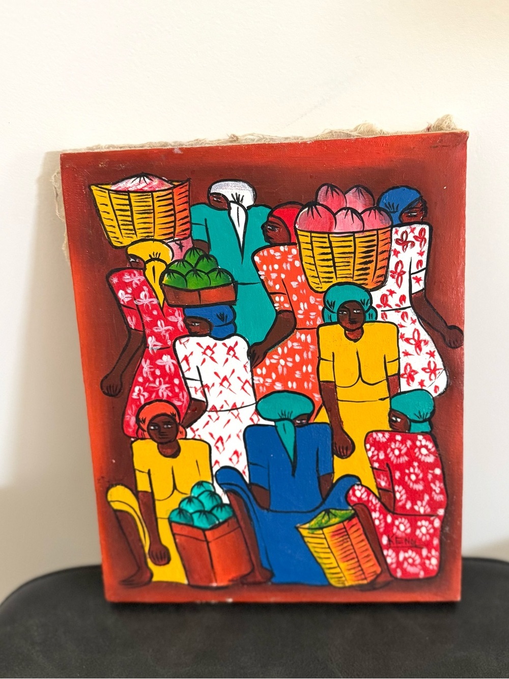 Vintage Colorful Haitian Market Women Canvas Oil Art Vibrant Signed Kenol